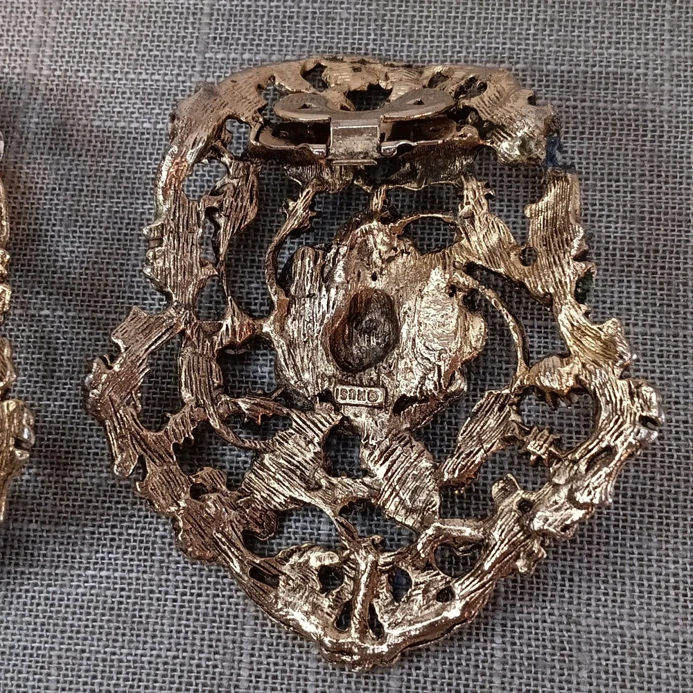 Vintage-Style Gold Floral Clip-On Earrings with Multi-Colored Rhinestones